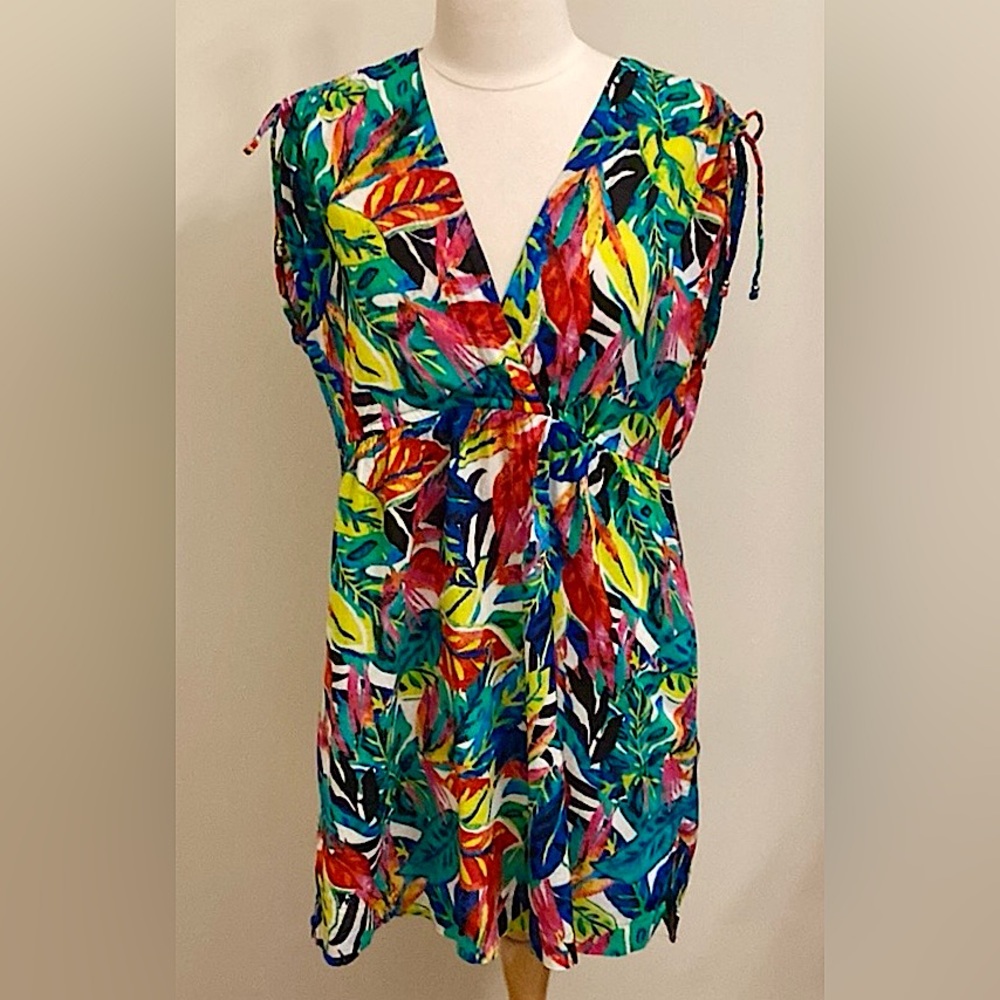 Lauren Ralph Lauren Green Red Tropical Leaf SZ L Island Boho Beach Swim Cover UP